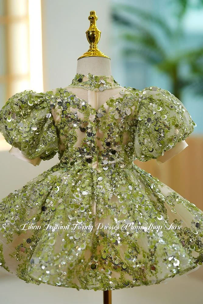 カスタムグリーン刺繍フラワーガールドレスフォーマルイベントボールガウン子供用誕生日パーティードレス子供用花柄ドレス