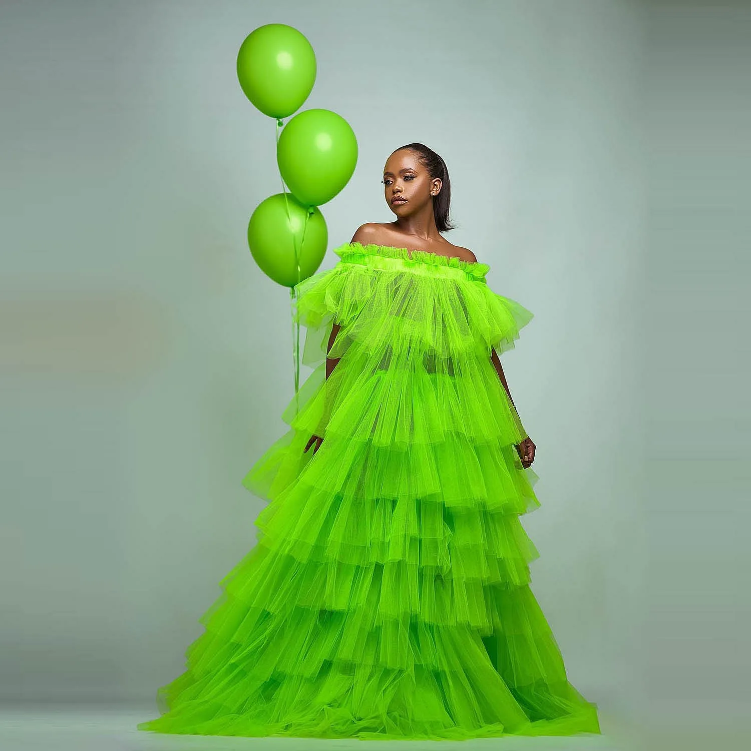 

Fluorescent Green Tulle Dresses Off The Shoulder Tiered Ball Gown Girls Birthday Party Dress For BabyShows Pregnant Woman Gowns