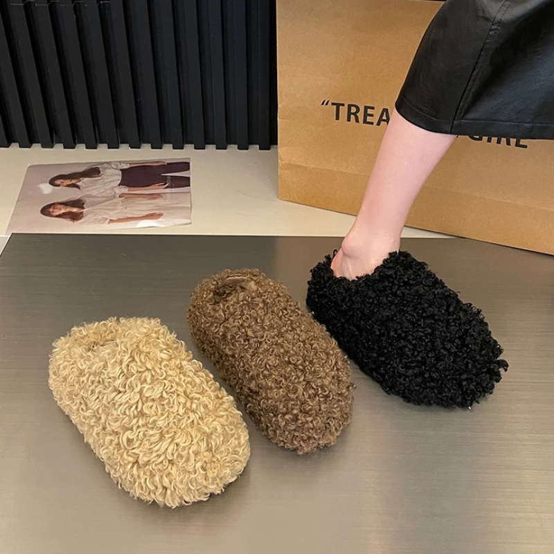 

Vintage Thick Sole Women Fleece-lined Mules Slippers Concise Height Increase Dress Slides Ladies House Cover Toe Slip On Shoes