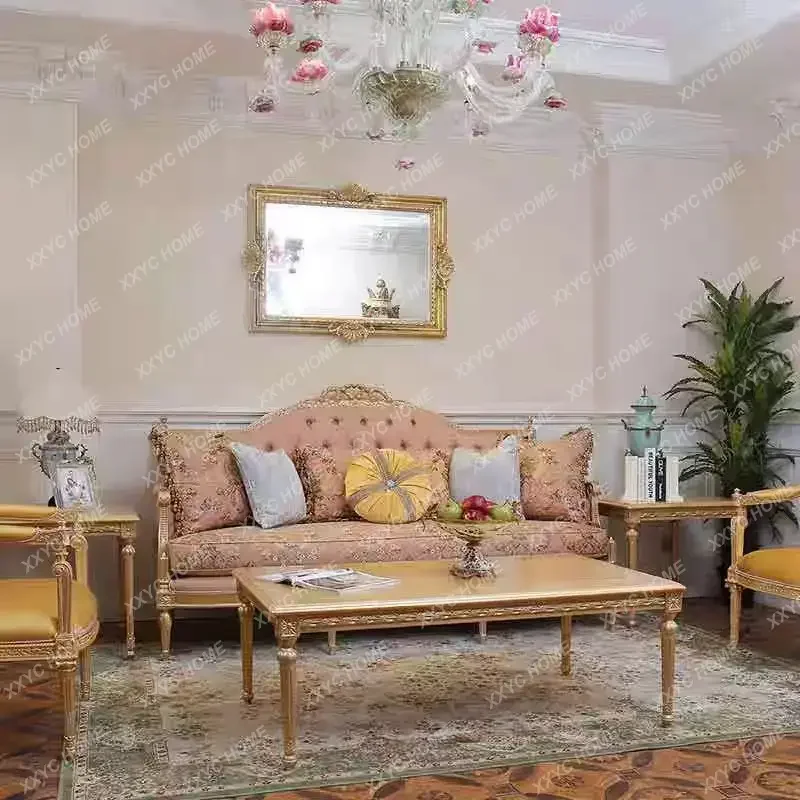 retro luxury embroidery living room fabric solid wood sofa engraved gold foil sofa7446