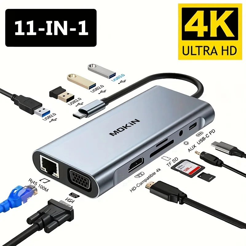 MOKiN 11-in-1 USB C HUB,4K USB C 3.0 HUB Type C to HDMI Adapter,VGA PD RJ45 SD/TF Card Reader,Dock For MacBook Pro/Air M1 iPad