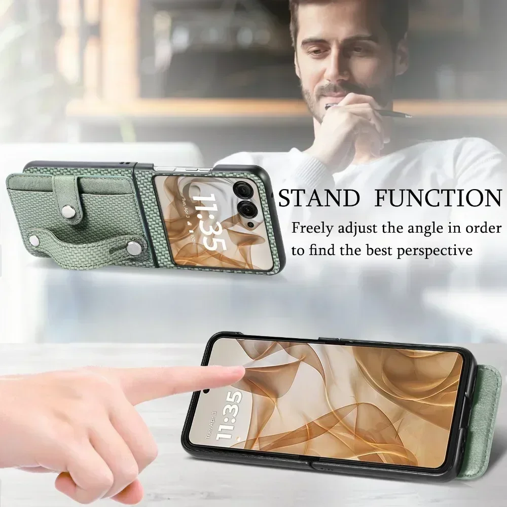 Carbon Fiber Pattern Leather Phone Case For Motorola Razr 60 50 Ultra 40 Multifunctional Card Slot Bag Bracket Wrist Strap Cover