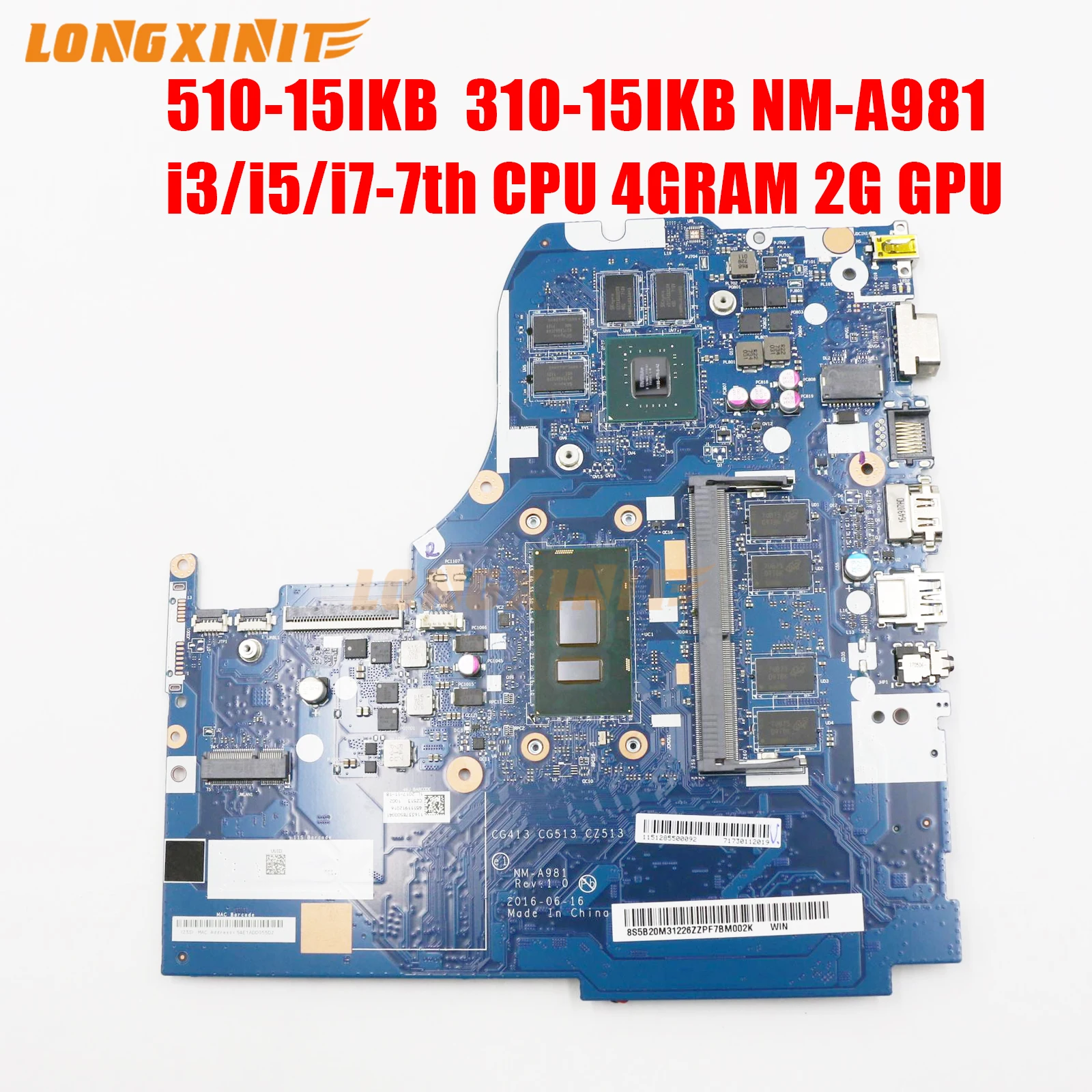 

NM-A981 For Lenovo Ideapad 510-15IKB 310-15IKB Laptop motherboard With. With I3/I5/I7 7th CPU.GT920M GT940M 2G.RAM 4G