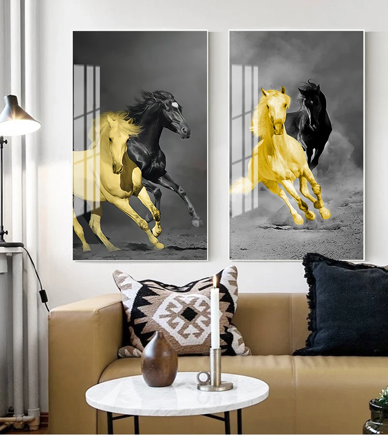 Running Horses Canvas Art Poster Animals Wall Art Paintings Print Black Yellow Wall Pictures For Living Room Home Decor Cuadros