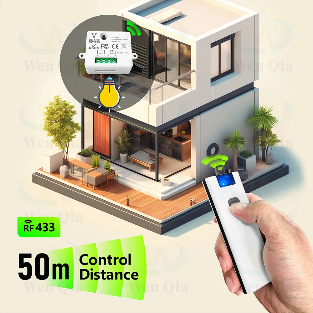 433MHz 110V 220V  Wireless Remote Control Light Switch,50m Control Range Transmitter,10A RF Mini Relay Module,for LED Fan ON OFF