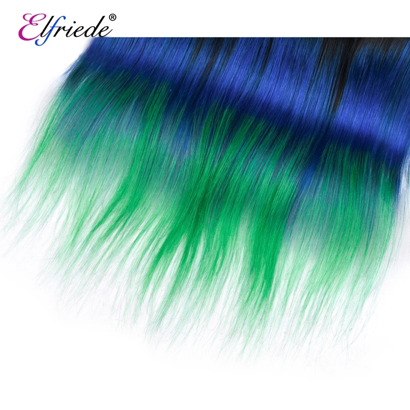 Elfriede 1B/blu/verde dritto Ombre fasci di capelli colorati con frontale 100% capelli umani Remy 3 fasci con frontale in pizzo 13x4