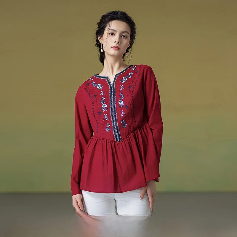 

Ele Embroidered Lace Trim Cotton Linen Blend irt Women's Autumn New Arrival Breathable Comfortable Long Sve Crew Ne