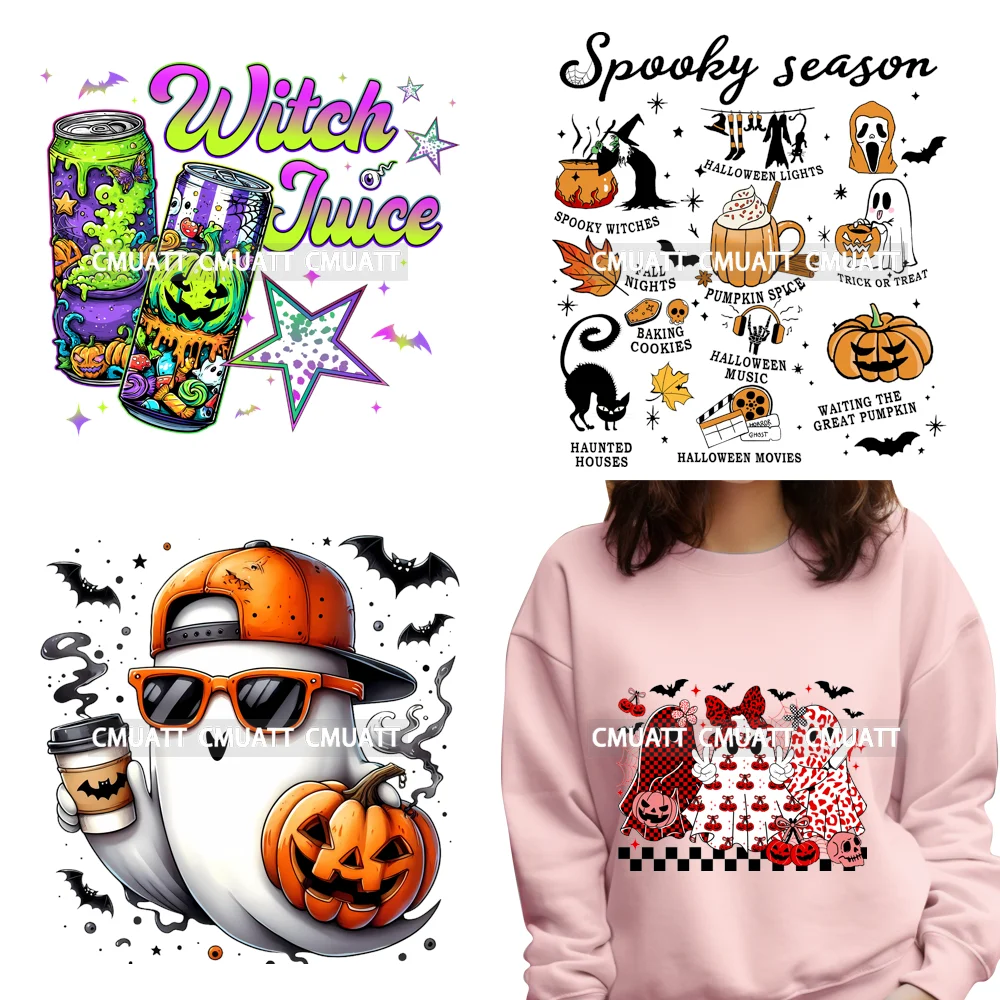 

Spooky Witch Brew Ghost Cherry Bow Pumpkin Halloween Soda Drink Lover Iron on DTF Transfers Stickers Ready to Press for Clothes