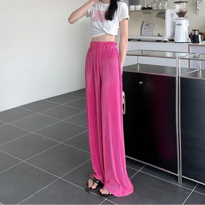 Ice Silk Cool Straight Leg Pants Women\'s High Waist Drap Pressed Pleats Style Wide Leg Pants Loose Casual Full Length Pants