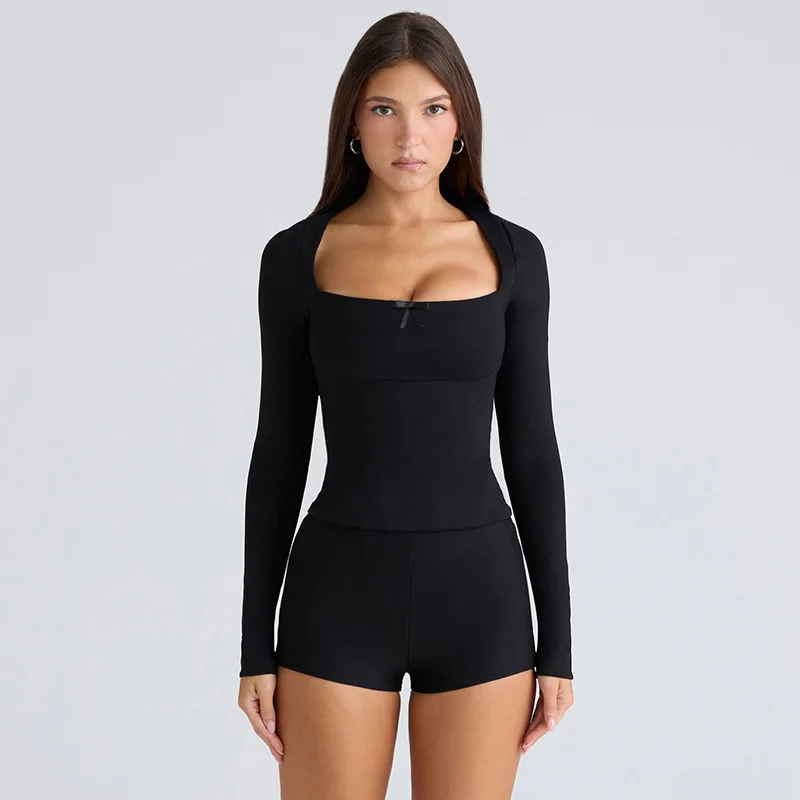 Set di abbigliamento sportivo attillato da donna con colletto quadrato Top lungo Sve e nodo orts Casual Autumn Faion