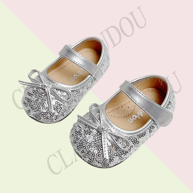 Claladoudou Bling Sequined Baby Birthday Dress Shoes,Bow Solid Black Silver New Autumn Microfiber Leather Flats Shoes For Infant