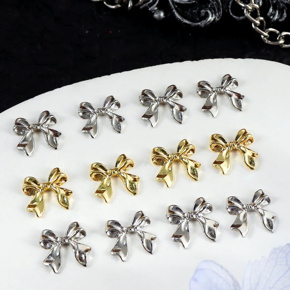 20pcs Golden Silvery Metal Ribbon Bow Nail Art Charms Kawaii 3D Nails Decoration Accessories DIY Manicure Designs Supplies Parts