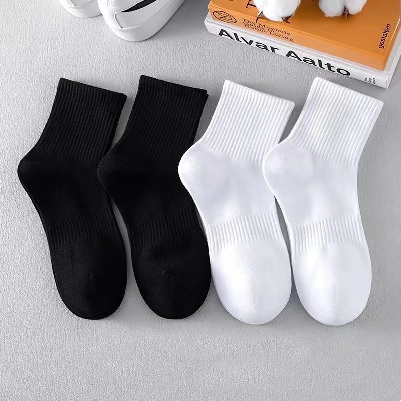 5 Pairs/lot 100% Cotton Men's Tube Socks Black White Solid Colour Absorption Women's Towel Socks Spring Autumn Warm Sports Socks