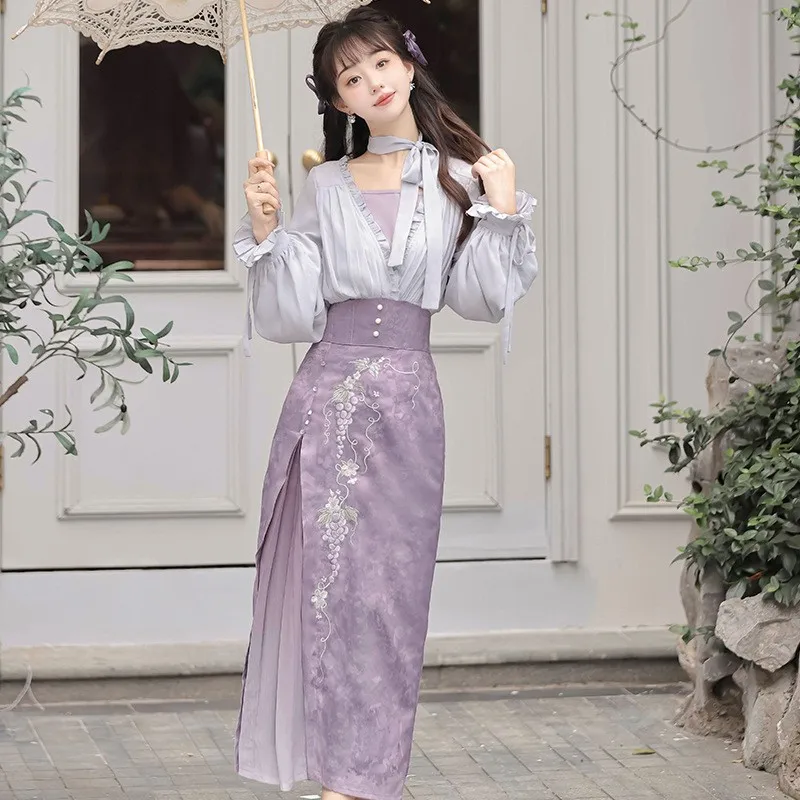 Lolita Skirt Set Traditional Improved Cheongsam Vineyard Chinese Style  Dress Suit Women's Han Element Top Sling Skirt 3pcs Set