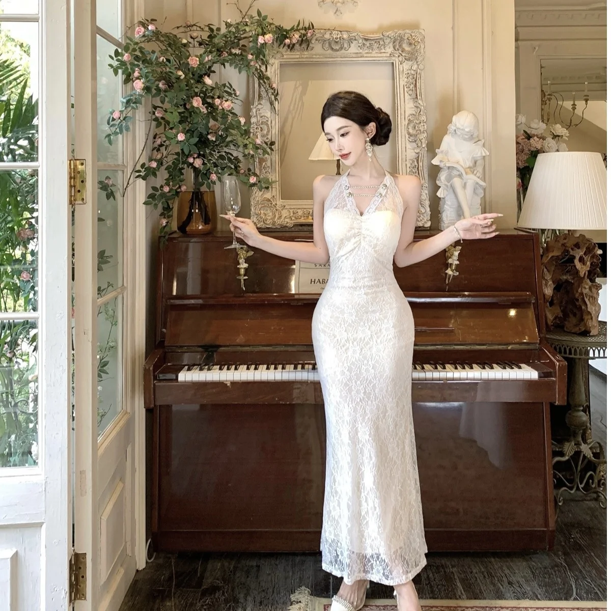 Lange Spitze V-ne Fi-schwanz Dr Sommer Neue Sle Dekorative Kette Ne Hängen Abnehmen Taille Design Koreanische Sle pendeln Dr