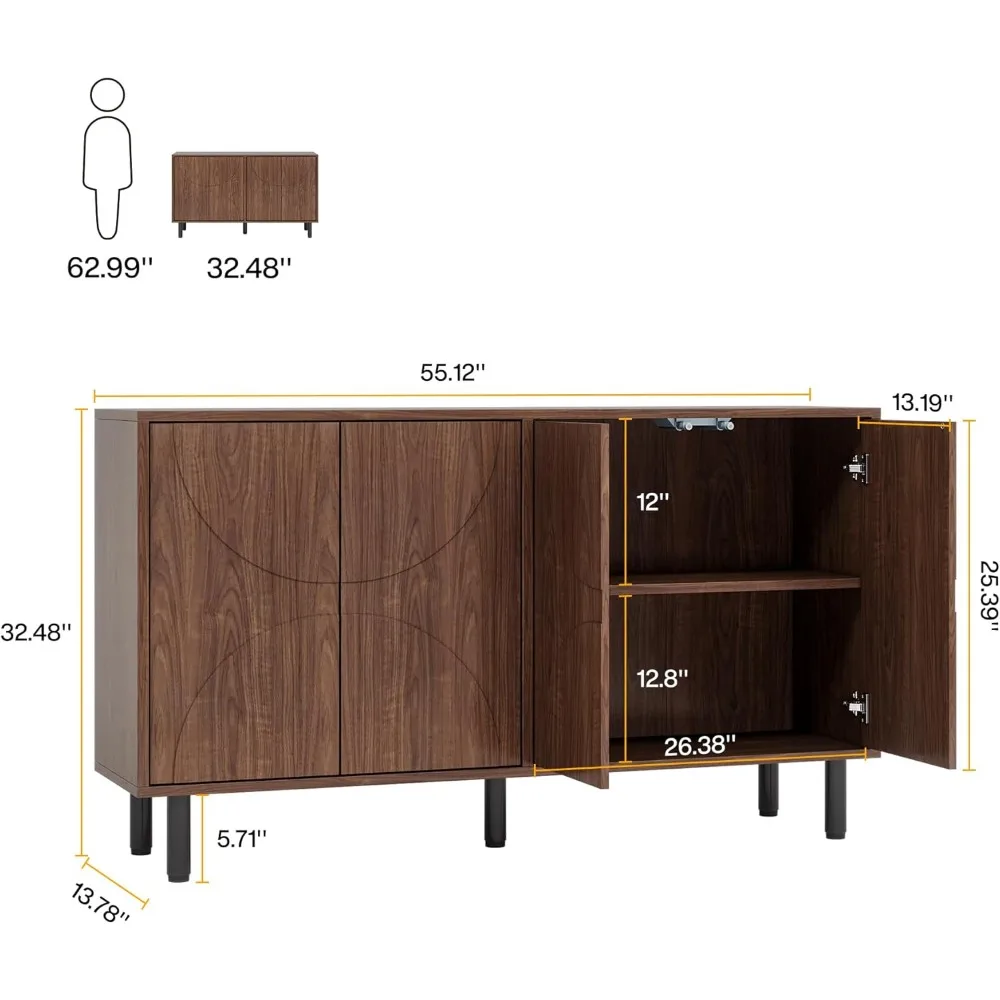 خزانة بوفيه ذات لوحة جانبية مع مساحة تخزين، وخزانة تخزين حديثة من العصور الوسطى مقاس 55 بوصة مع 4 أبواب وأرفف قابلة للتعديل #2