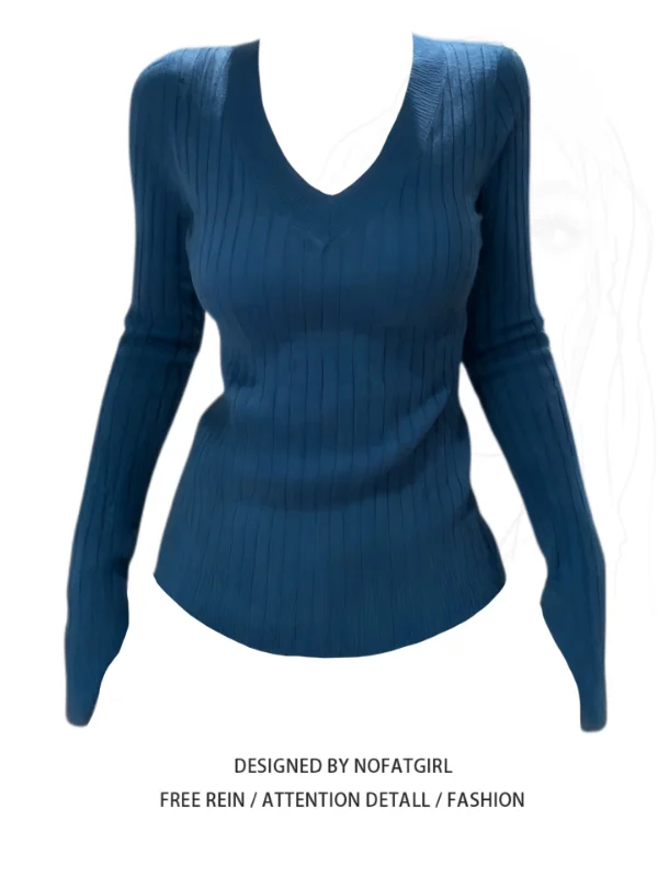 

Женская трикотажная кофта больших размеров с V-образным вырезом, длинным рукавом, облегающая, базовая, осенняя, в корейском стиле, однотонная, для повседневной носки