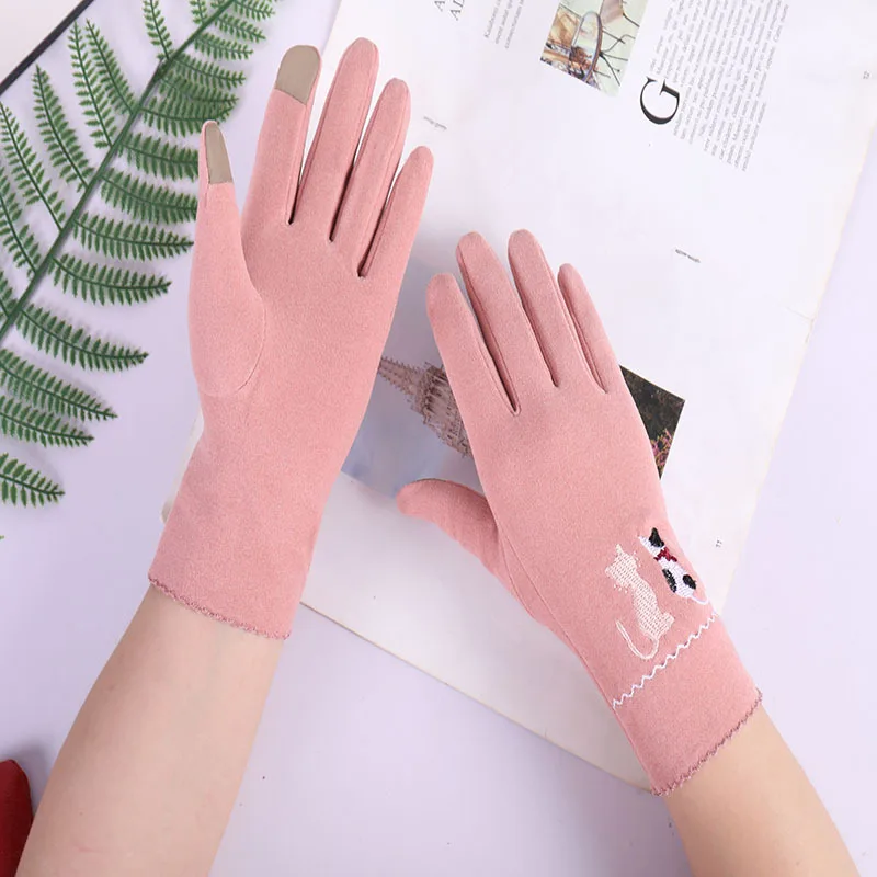 Autumn And Winter Thin Gloves Cartoon Cat Embroidery Young Students Cute Gloves Women Warm Touch Screen Mittens Wholesale T99