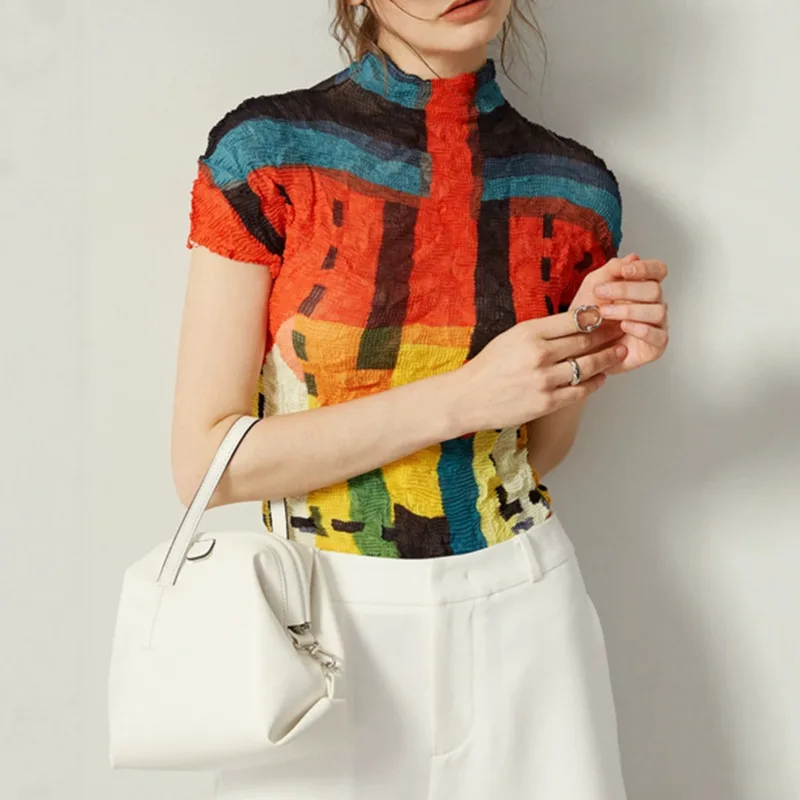 HKSH Women T-shirt Short Sleeves Printed Contrast Color Pleated Slim Fit Versatile Elegant High Street Casual Top Summer HK23124
