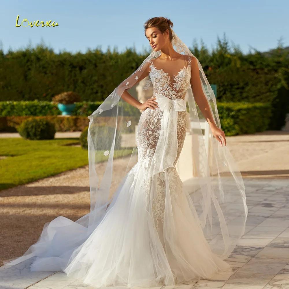 Loverxu Mermaid Sexy Wedding Dresses O-Neck Sleeveless Vestido De Novia Lace Embroidery Delicate Bow Custom Made Bridal Gowns