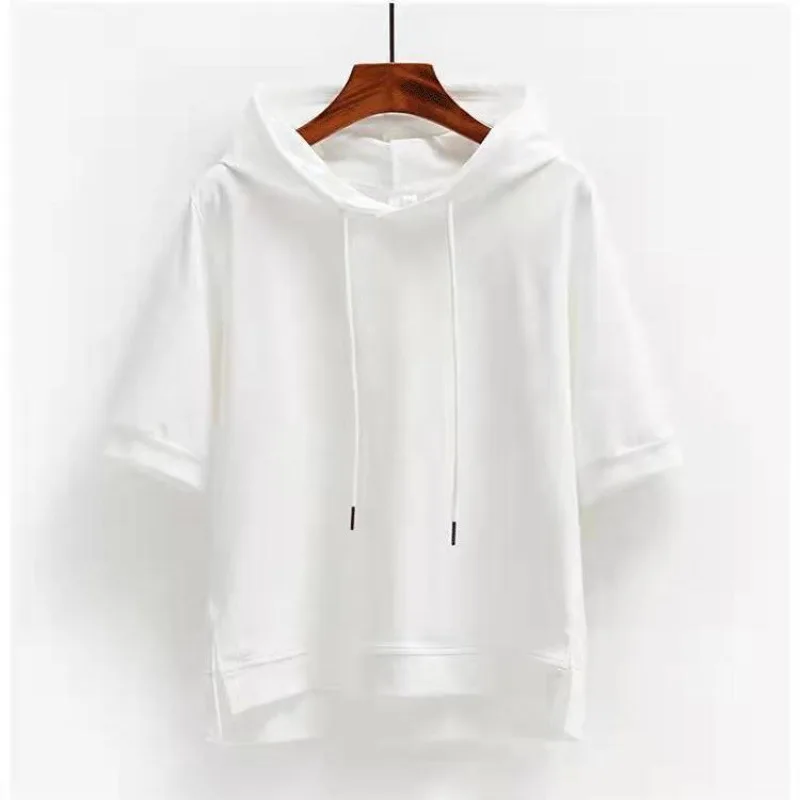 Short-sleeved Sweater Women's Loose Solid Color 2025 New Half-sleeved Split-ended Five-quarter-sleeved Hooded T-shirt Top