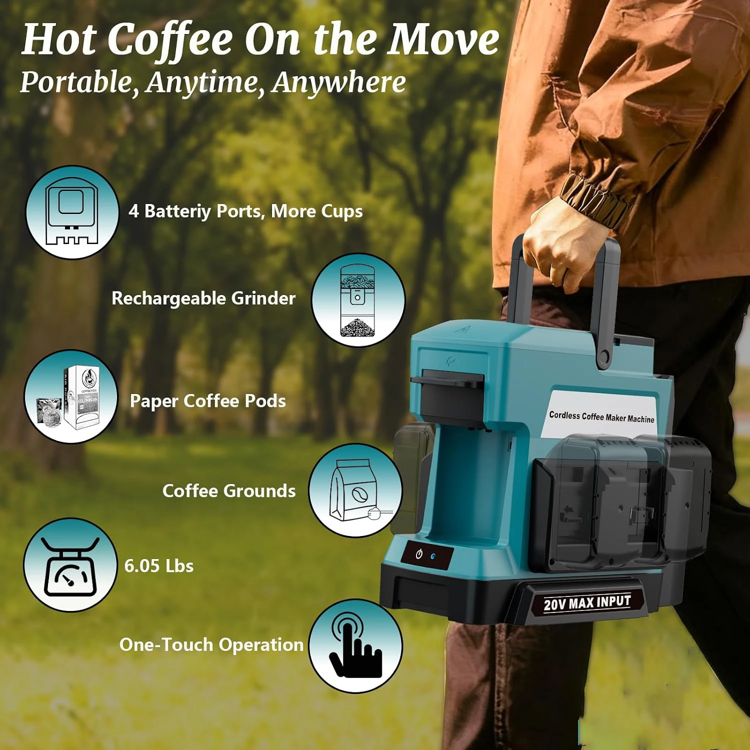 Cordless Drip Coffee Maker For Makita 18V Battery 3 Brewing Options With Grinder Portable Coffee Machine Camping Jobsite