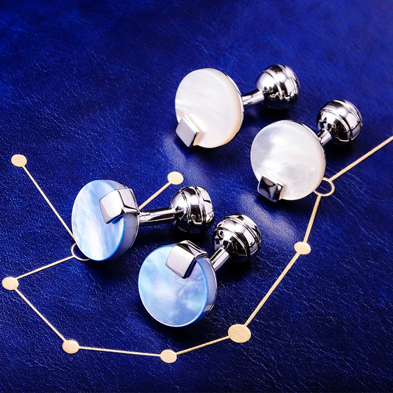 

KFLK Shirt Fashion Cufflinks for Mens Women Brand Blue Shell Cuff links Button High Quality Luxury Wedding Groom Guests