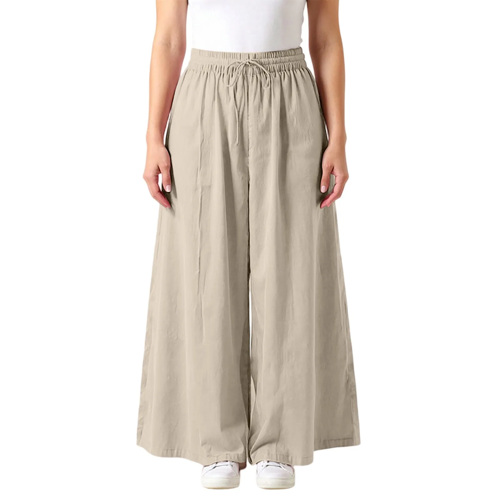 Women's Fashionable Solid Color Cotton And Linen Straight Leg Pants With High Waist And Elastic Waist Casual Loose Pants 2025