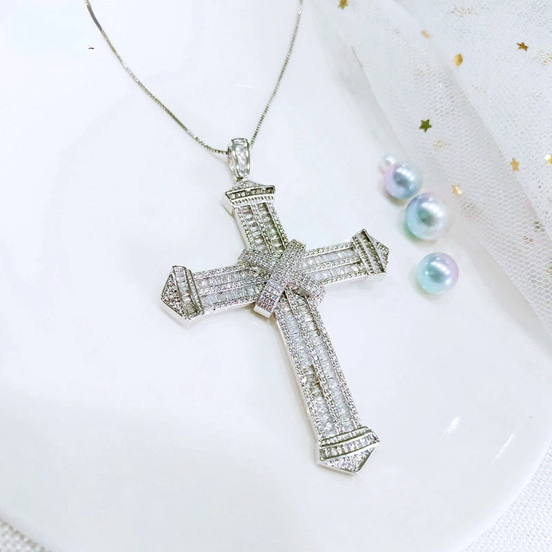 Vintage Long Lab Diamond Cross Pendant 925 Sterling Silver Party Wedding Pendants Necklace For Women men moissanite Jewelry Gift