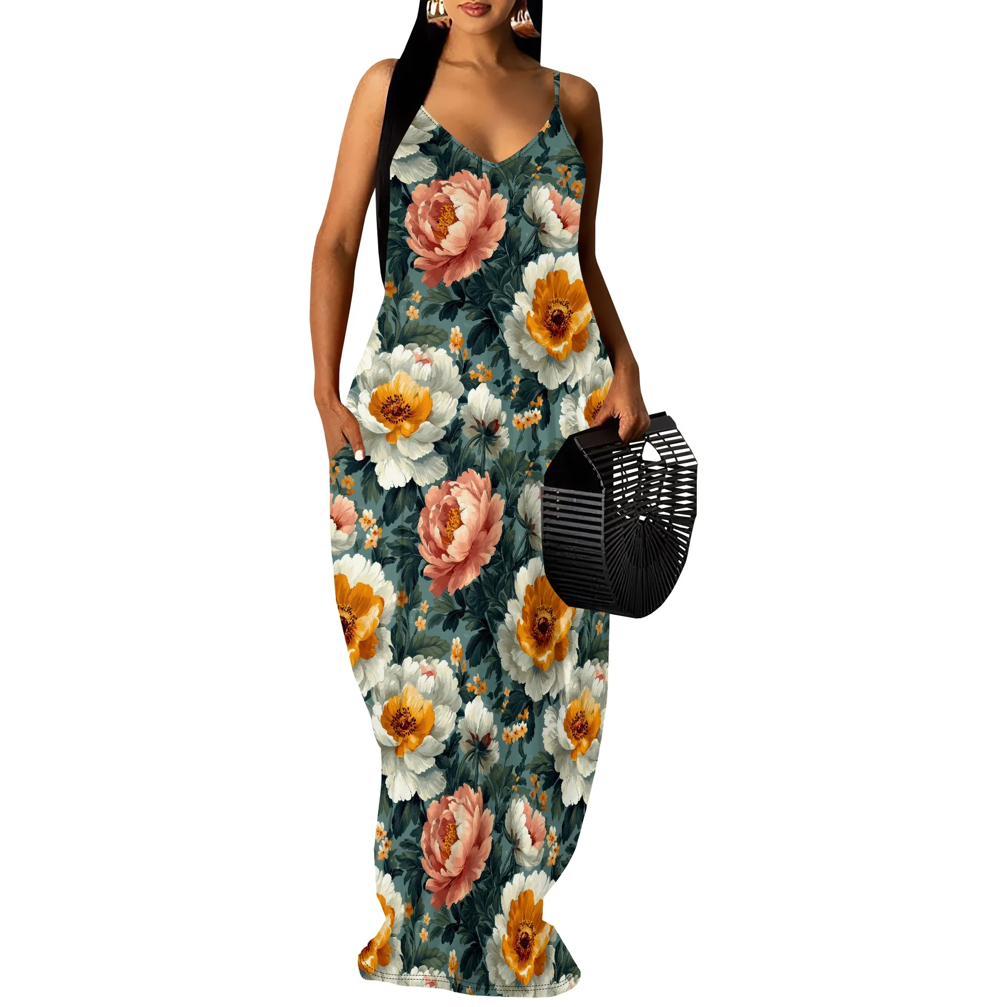 Boho Floral Spaghetti Strap Maxi Dress Women Sleeveless Elegant Holiday Long Dress