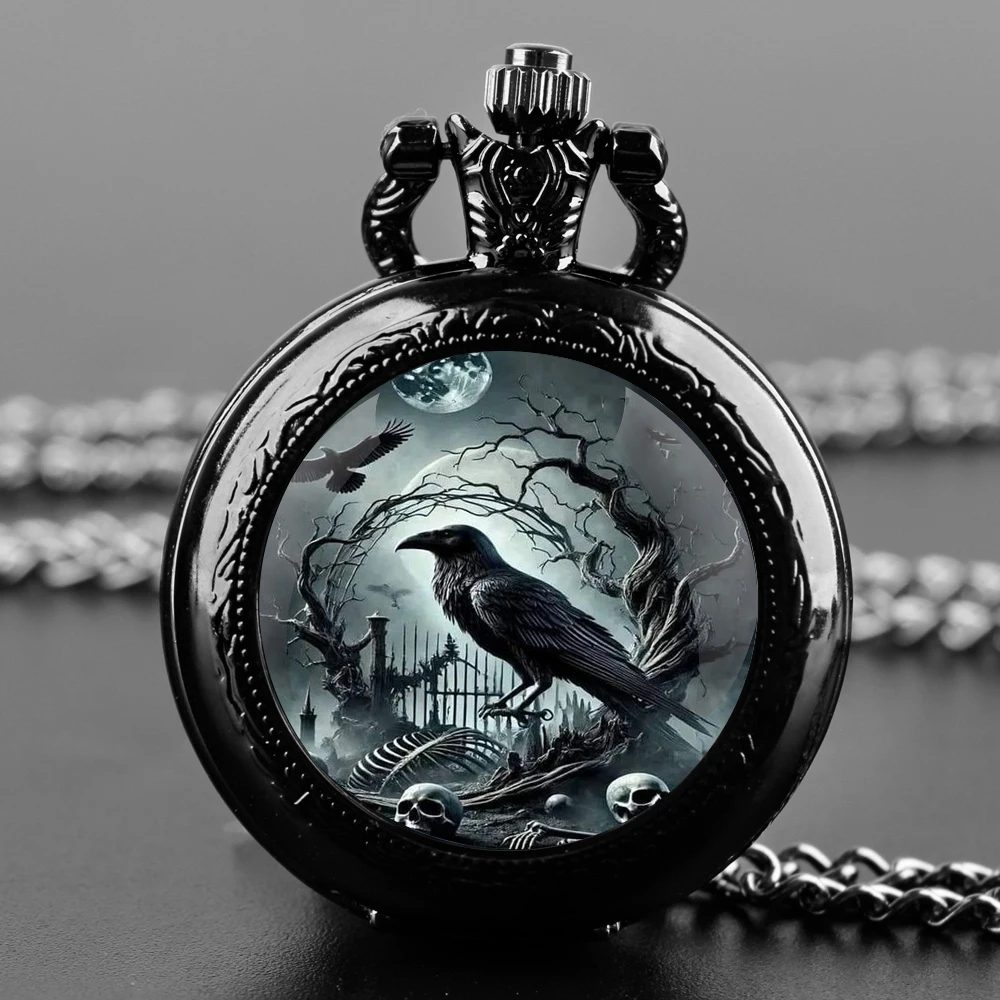 

Vintage Skull Crow Glass Dome Quartz Pocket Watch With Durable Chain Arabic Numeral Dial Extraordinary Gifts for Men Kids