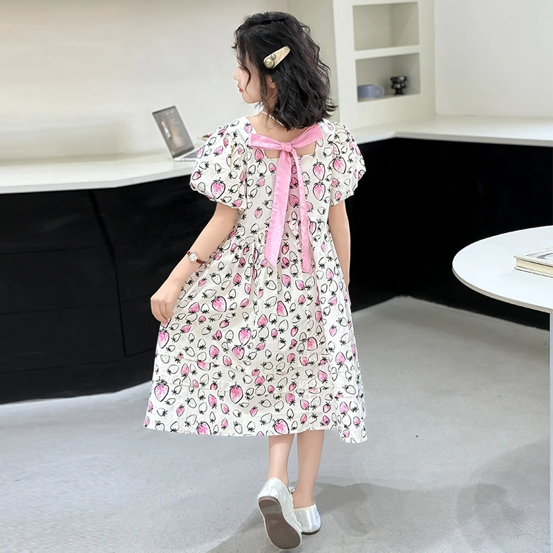 Girls Summer Sweet Dress Fashion Children's Clothing Kids Strawberry Princess Dress Puff Sleeves