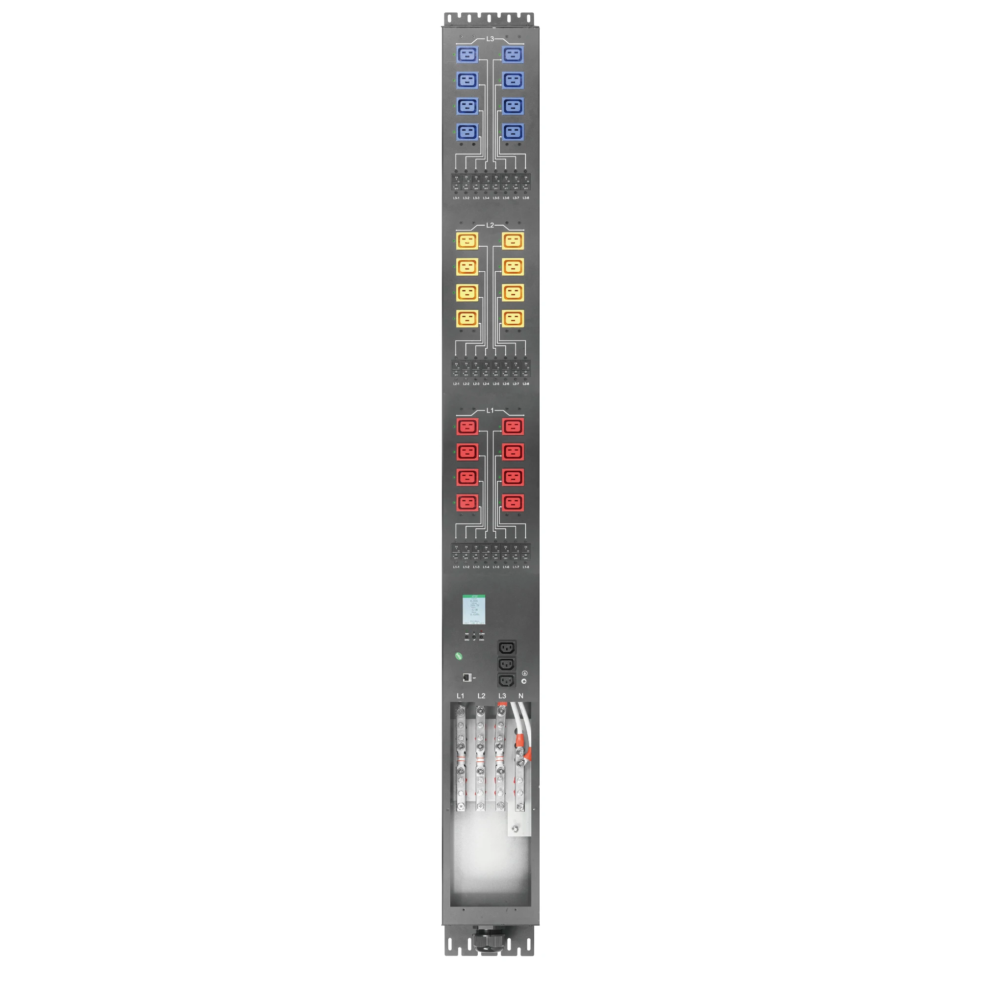 3 Phase Pdu High Power Pdu 24 WAYS C19 3 WAYS C13 180A Fuse Input Protection ETL Approval Multi-color Sockets With 24pcs Breaker