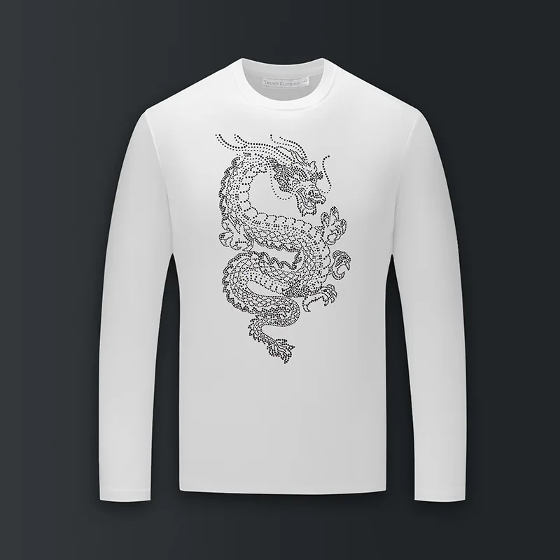 Plus Size Mercerized Cotton T Shirts Men Top Fashion Streetwear Dragon Rhinestones O Neck Long Sleeve Slim Tshirts Mens Clothing