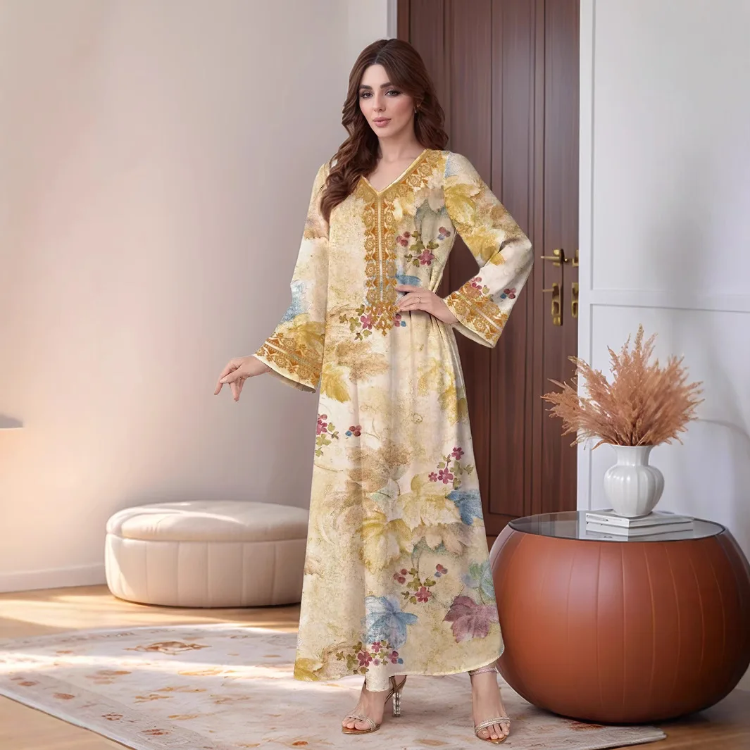 2026 Middle East Arab New Fashion Women's Casual Trendy Loose V-neck Long Sleeve Printed Abaya Female Jalabiya Muslim Clothes