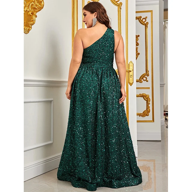 Plus Size Women\'s One Shoulder Sequined Evening Gown, Sleeveless, Floor-length, Big, Plus Size, Banquet, Prom, 5XL, 6XL