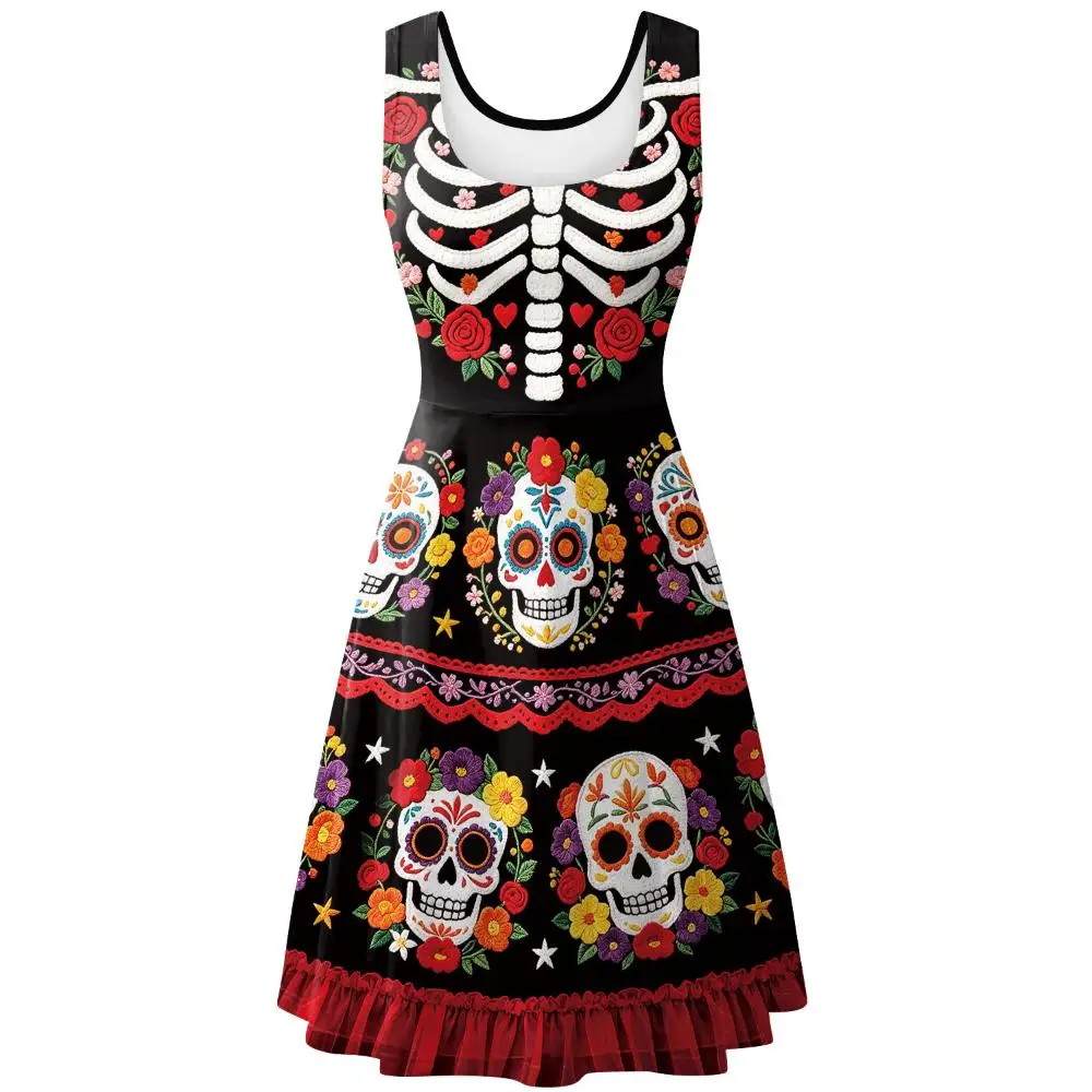 Damenkleid mit Zuckerblumen- und Totenkopfdruck, ärmelloses Sommerkostüm, mexikanische Kleidung zum Tag der Toten, Halloween-Festival, Kostüm – Detail 6