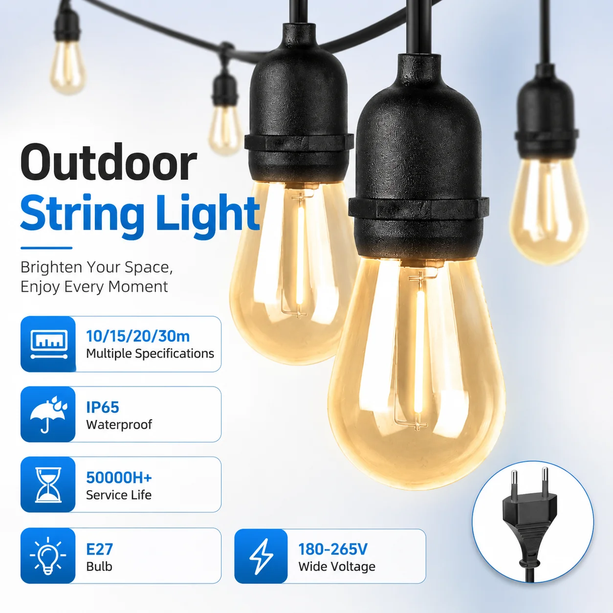 LED Outdoor String Lights Shatterproof ST45 Bulbs Waterproof Fairy String Lamp  for Patio Garden Balcony Camping Lights Decor