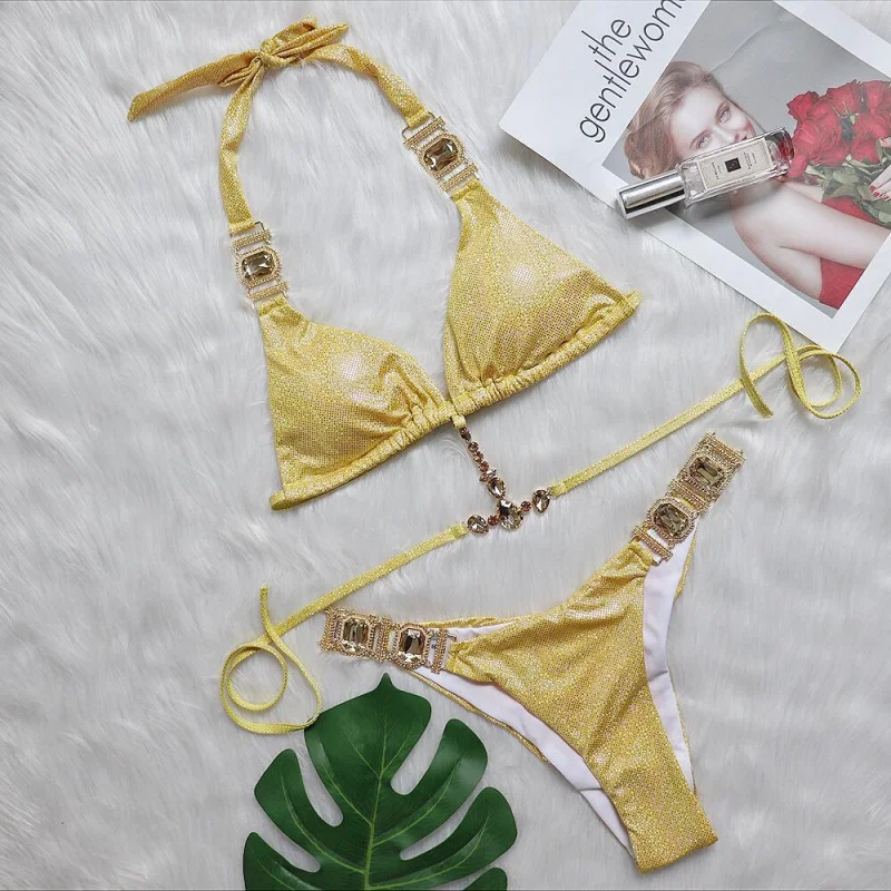 

Sexy bikini swimsuit for women, two-piece, shiny with gold foil, crystal diamonds, and straps