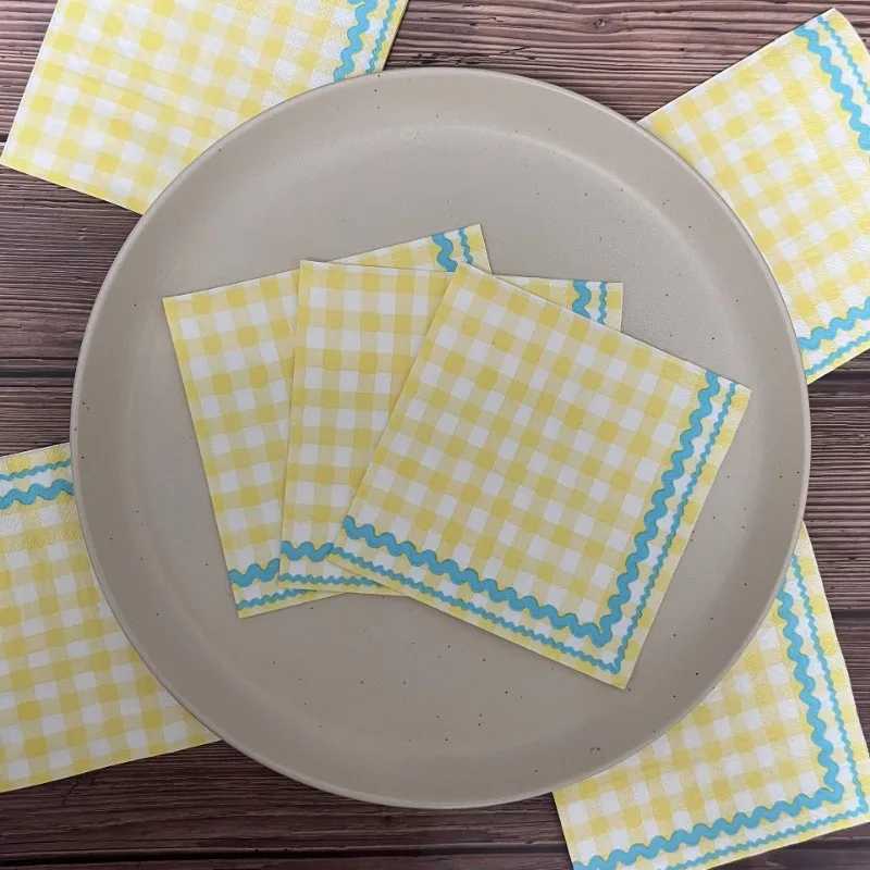 20pcs/Pac 25*25cm 3-Ply New Yellow Plaid Printed Paper Napkins Cocktail Napkins Party Decoration Paper Placemats