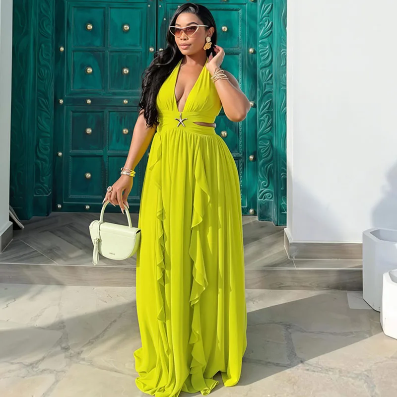 Sexy Halter Deep V-neck Maxi Dress Woman Elegant Party Club Wear Cut Out Starfish Ruffles Birthday A-line Long Dresses Holiday