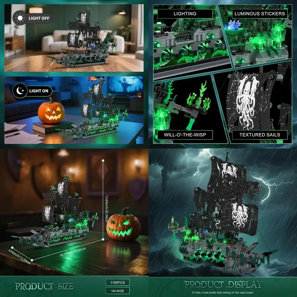 Set di blocchi da costruzione per nave pirata da 1100 pezzi con luce, ideale per adulti e bambini, perfetto arredamento per l'home office e regalo di compleanno