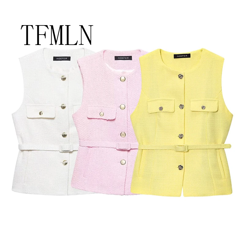 

TFMLN новый женский жилет с поясом, женский весенне-осенний модный однобортный жилет без рукавов с круглым вырезом, шикарные топы