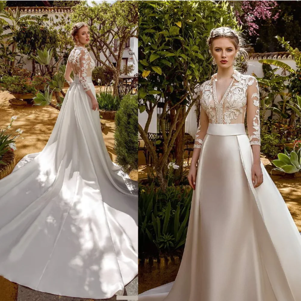 Robe de Mariée en Satin à Manches sulfet Col en V, Magnifique, Dentelle Appliquée, Une Ligne, pour les Patients, Quelle que soit la Traîne de Balayage, sur Mesure