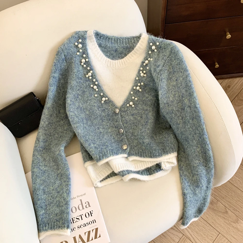 

Fashion Beading Design Sweaters Women Contrast Color Fake Two piece Long Sleeve Knitted Pullover Tops Autumn Knitwear Sweater