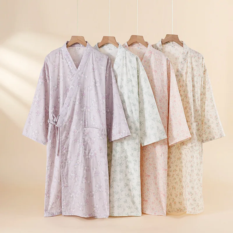 

Spring Summer New Flower Fresh Kimono Robes Women Bathrobes 100% Washed Cotton Japanese Female Casual Nightgowns Home Robes