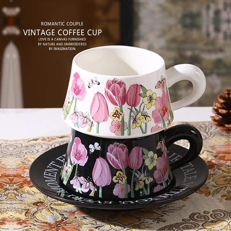 

300Ml Retro French Flower Coffee Cup Saucer Souvenir Birthday Gift Ceramic Cup Nostalgic Couple Snack Plate Set Coffee Cup Set