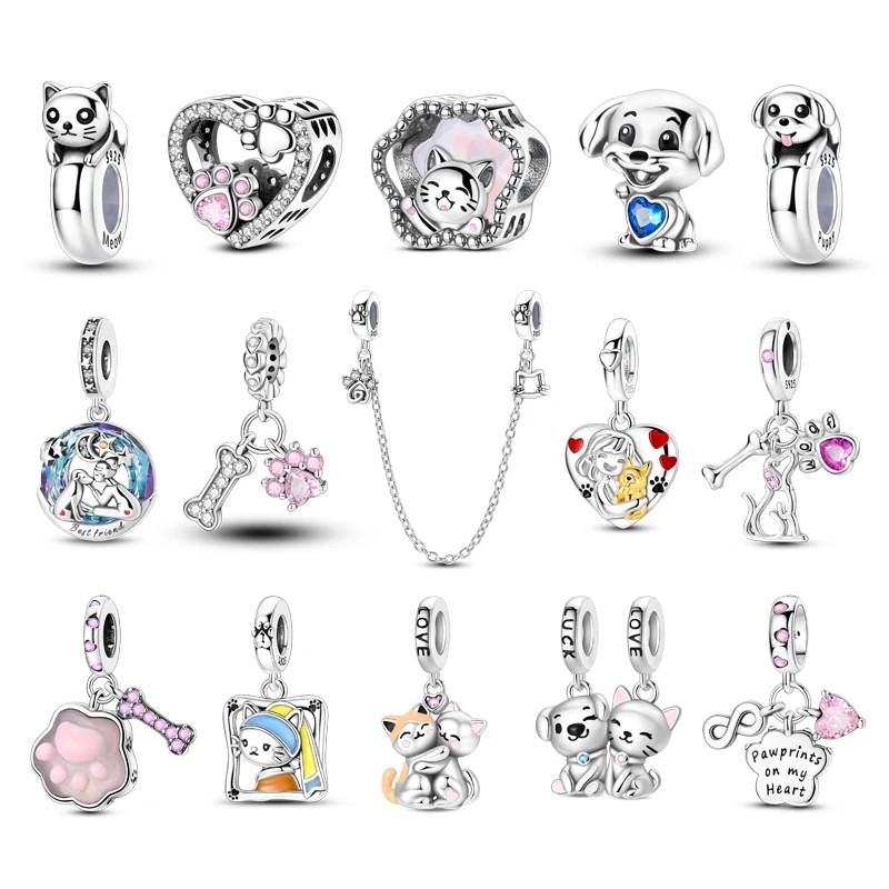 Original 925 Sterling Silver Charms Love Heart Dog Cat Paw Print Pets Pendant Beads Fit Bracelets Necklaces Women DIY Jewelry