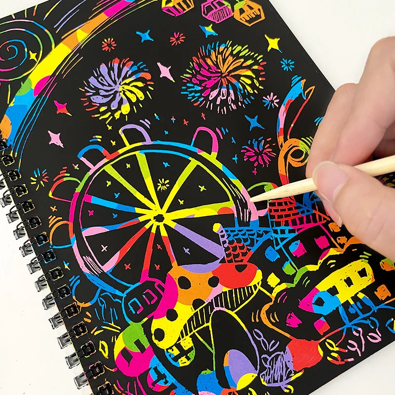 Rainbow Scratch Paper Note Libro d'arte per bambini Nero Fai da te Arcobaleno Art Paper Card Neon Scratch Book con bastone di legno