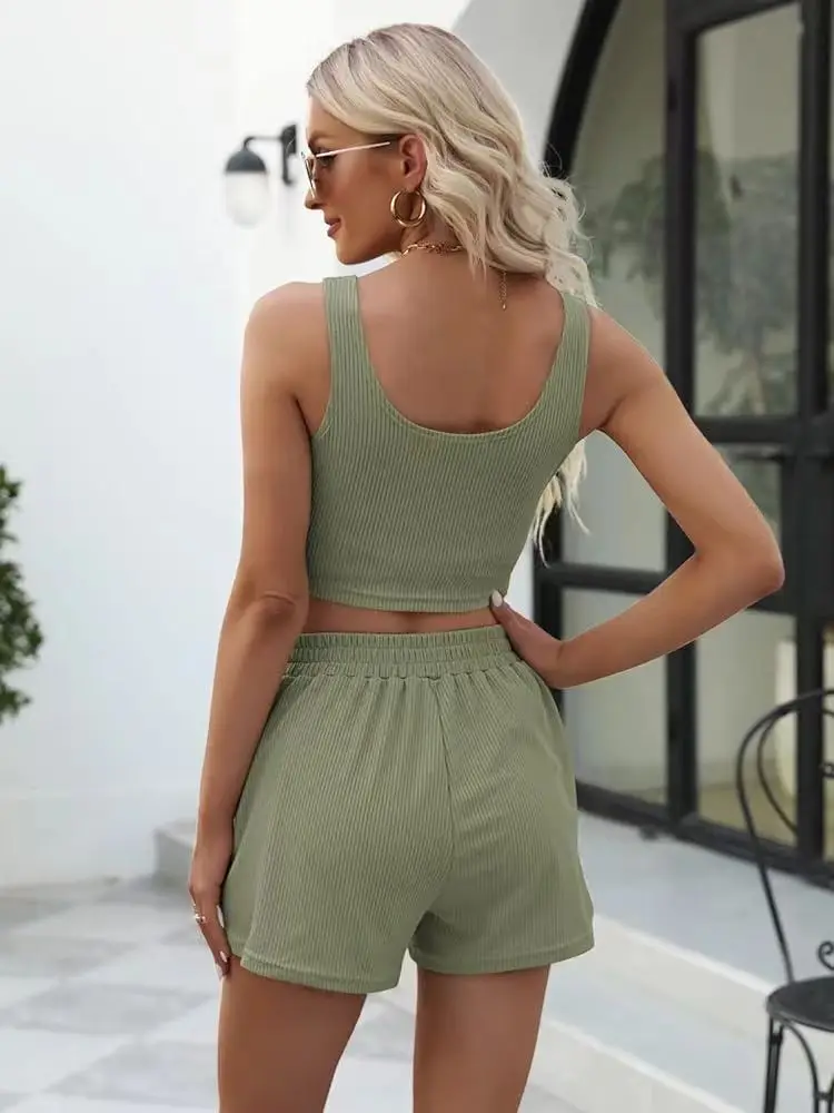 Summer Two Piece Summer Outfits Women Shorts Sets 2 Piece Sleeveless Matching Lounge Crop Top and High Waisted Short Pants Set